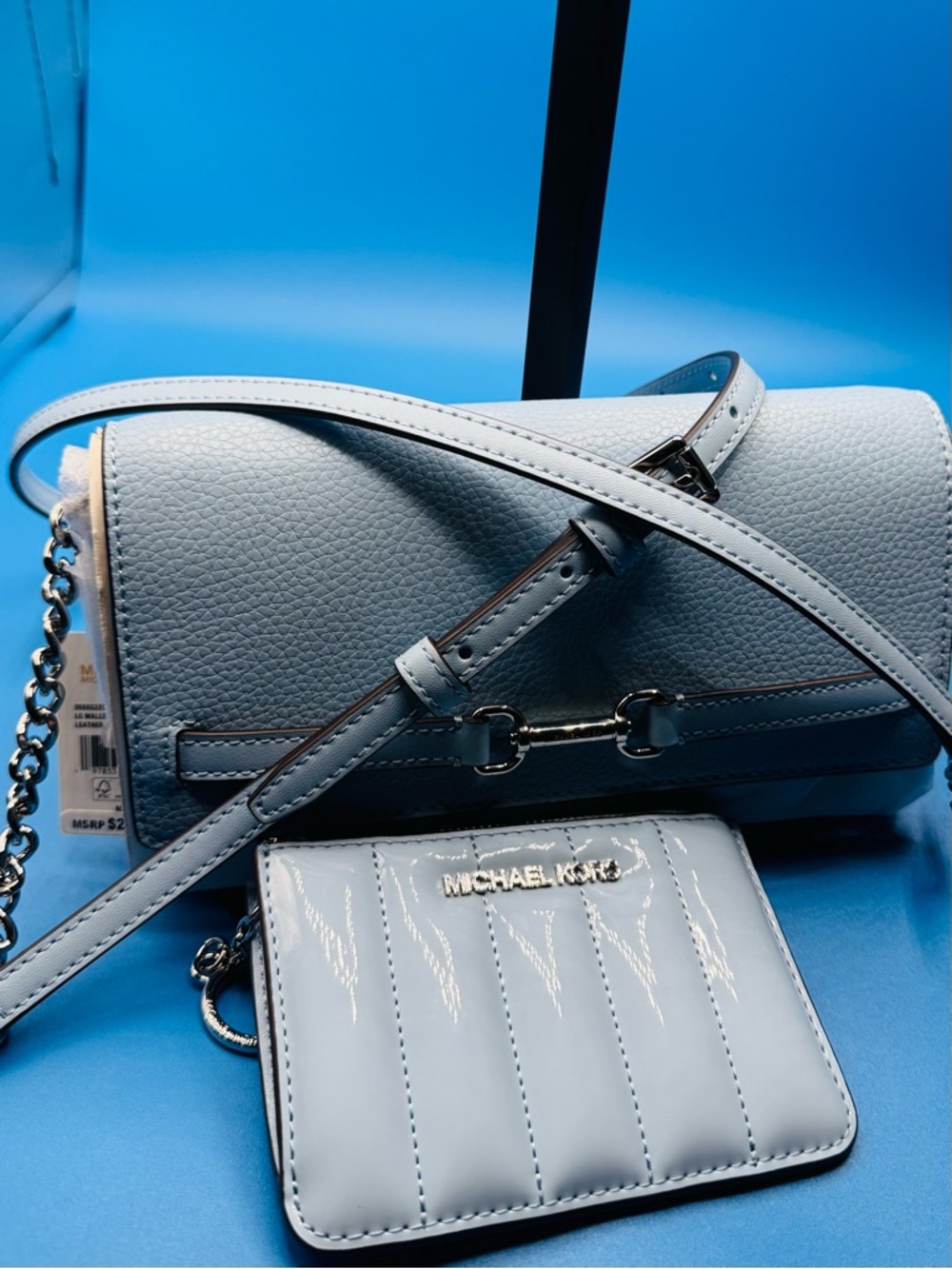 Michael Kors Powder Blue Quilted & Pebbled Leather Crossbody & Wallet Bundle - Picture 4 of 11